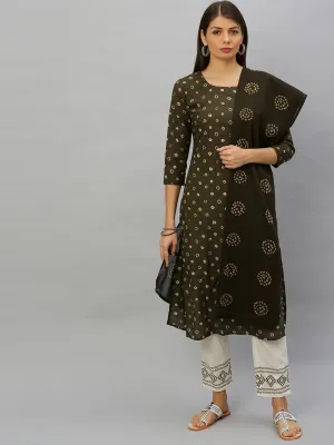 Women Olive Green & Off-White Bandhani Dupatta Set