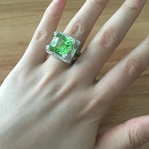 Yellow Chimes Rings for Women Silver Plated Natural Light Green Emerald Gemstones Square Shaped Crystal Rings for Women and Girl's (Size 8)