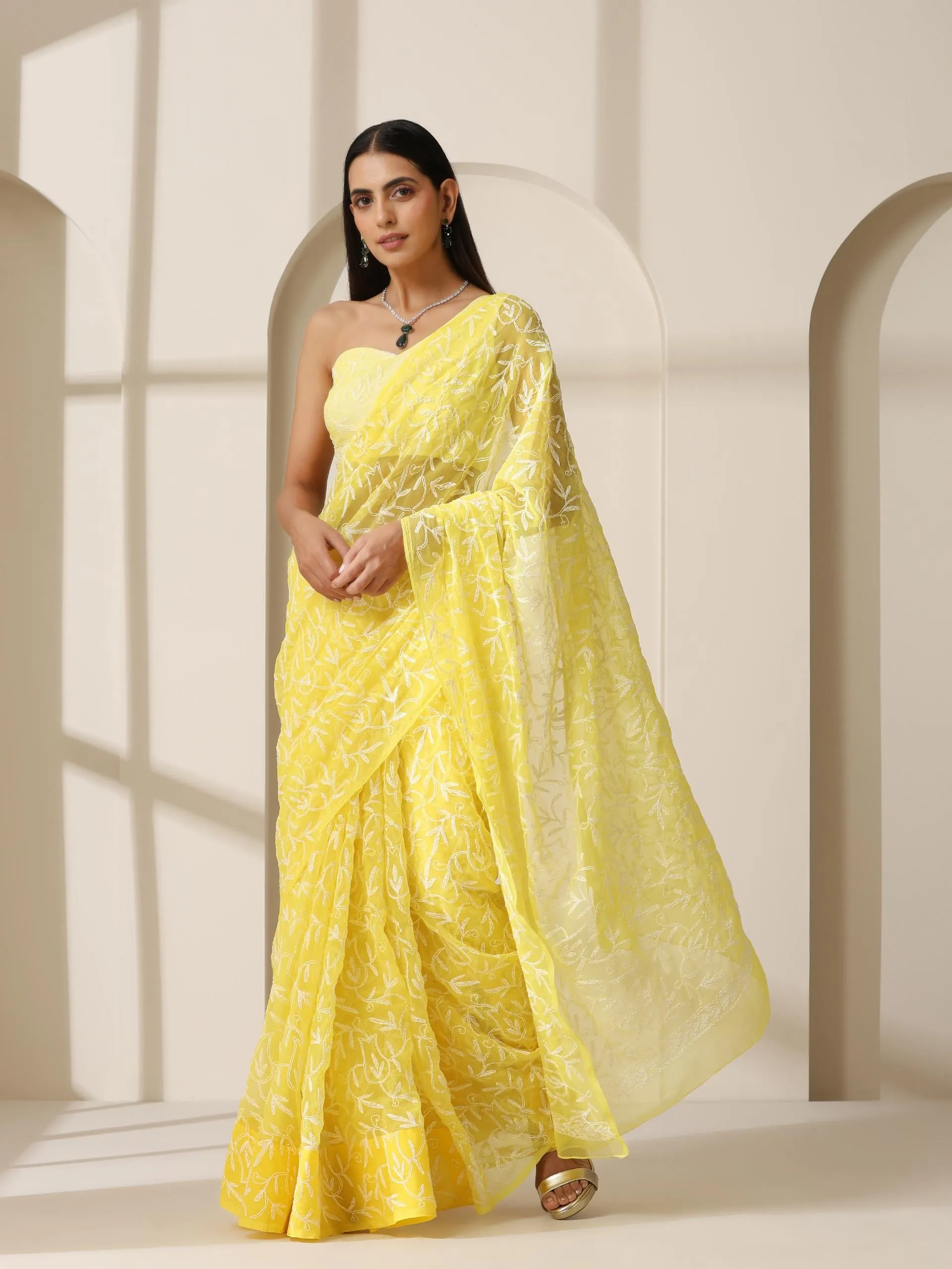 Yellow Tepchi Hand Chikankari Pure Georgette Saree with Blouse Fabric