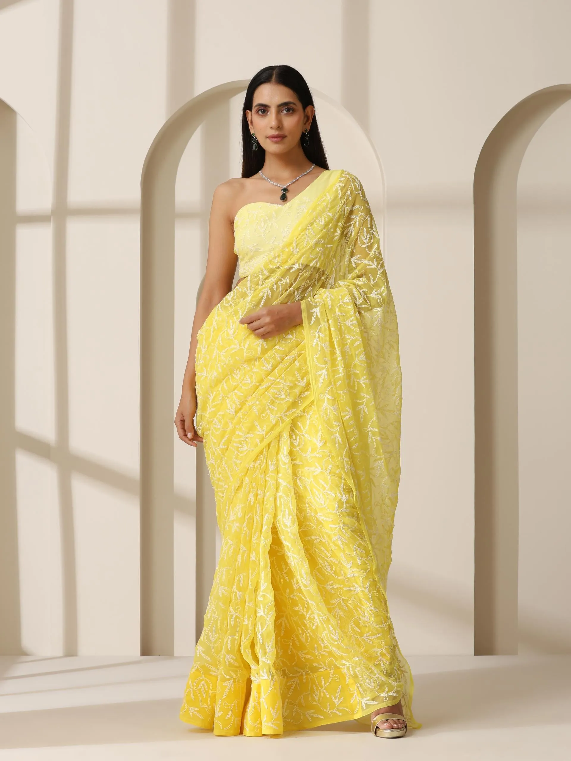 Yellow Tepchi Hand Chikankari Pure Georgette Saree with Blouse Fabric