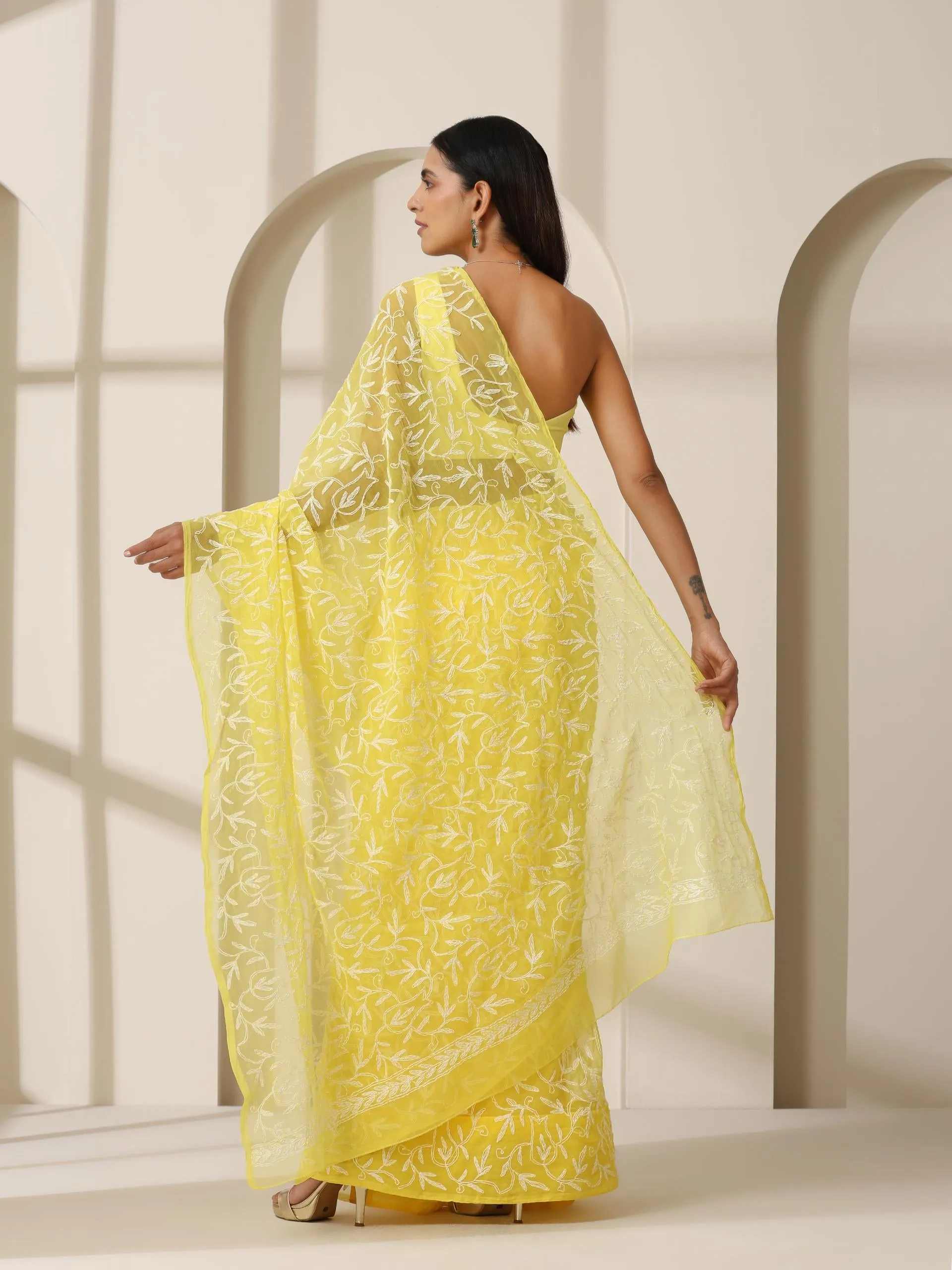 Yellow Tepchi Hand Chikankari Pure Georgette Saree with Blouse Fabric