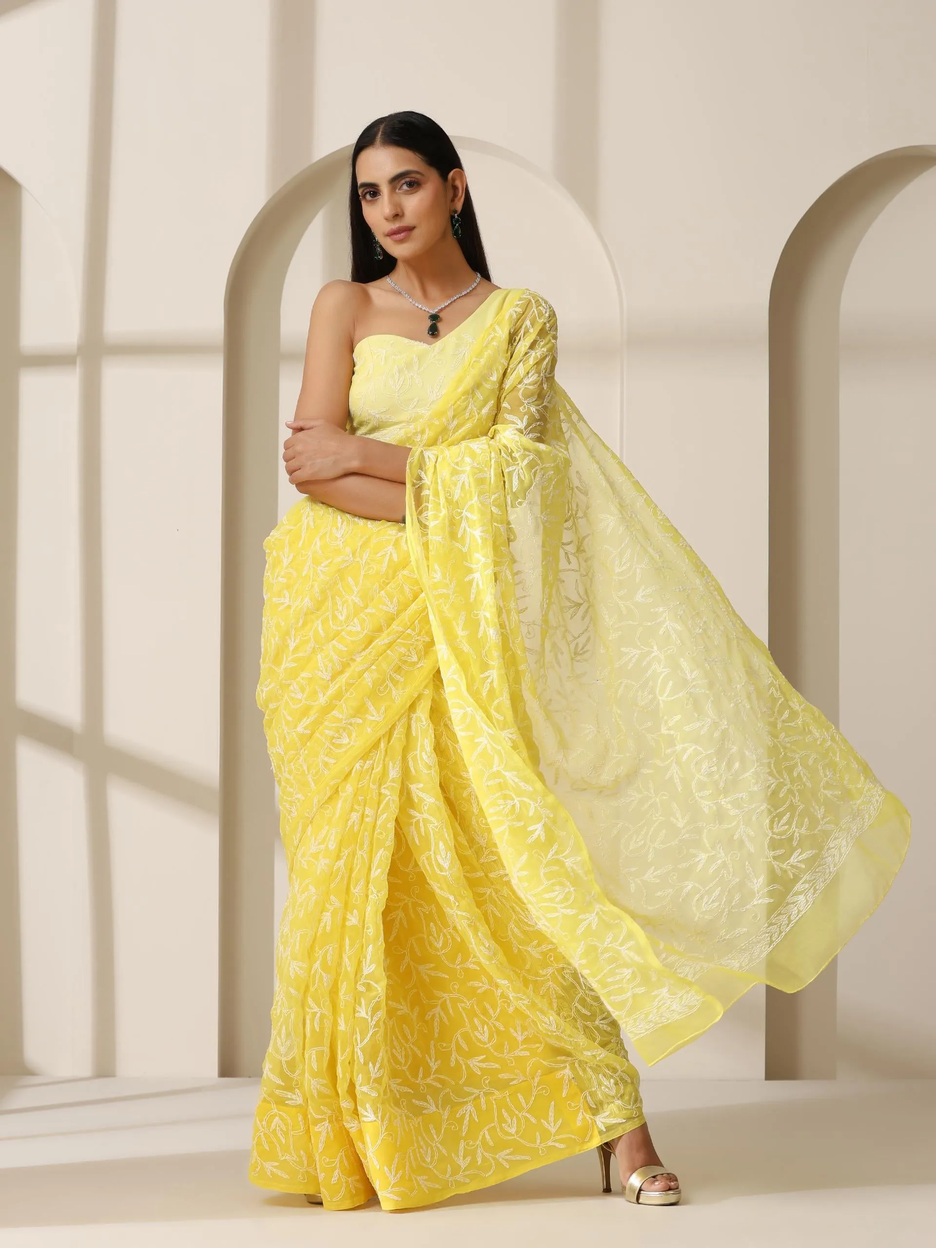 Yellow Tepchi Hand Chikankari Pure Georgette Saree with Blouse Fabric