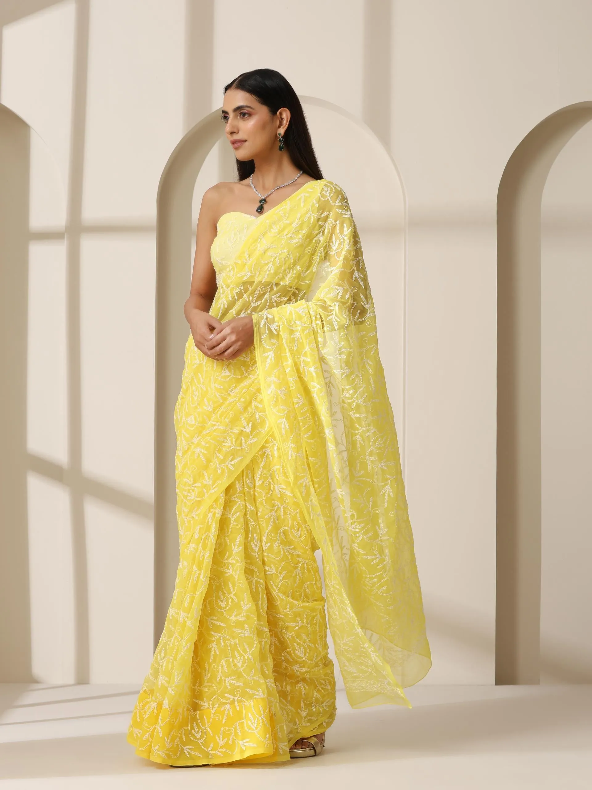 Yellow Tepchi Hand Chikankari Pure Georgette Saree with Blouse Fabric