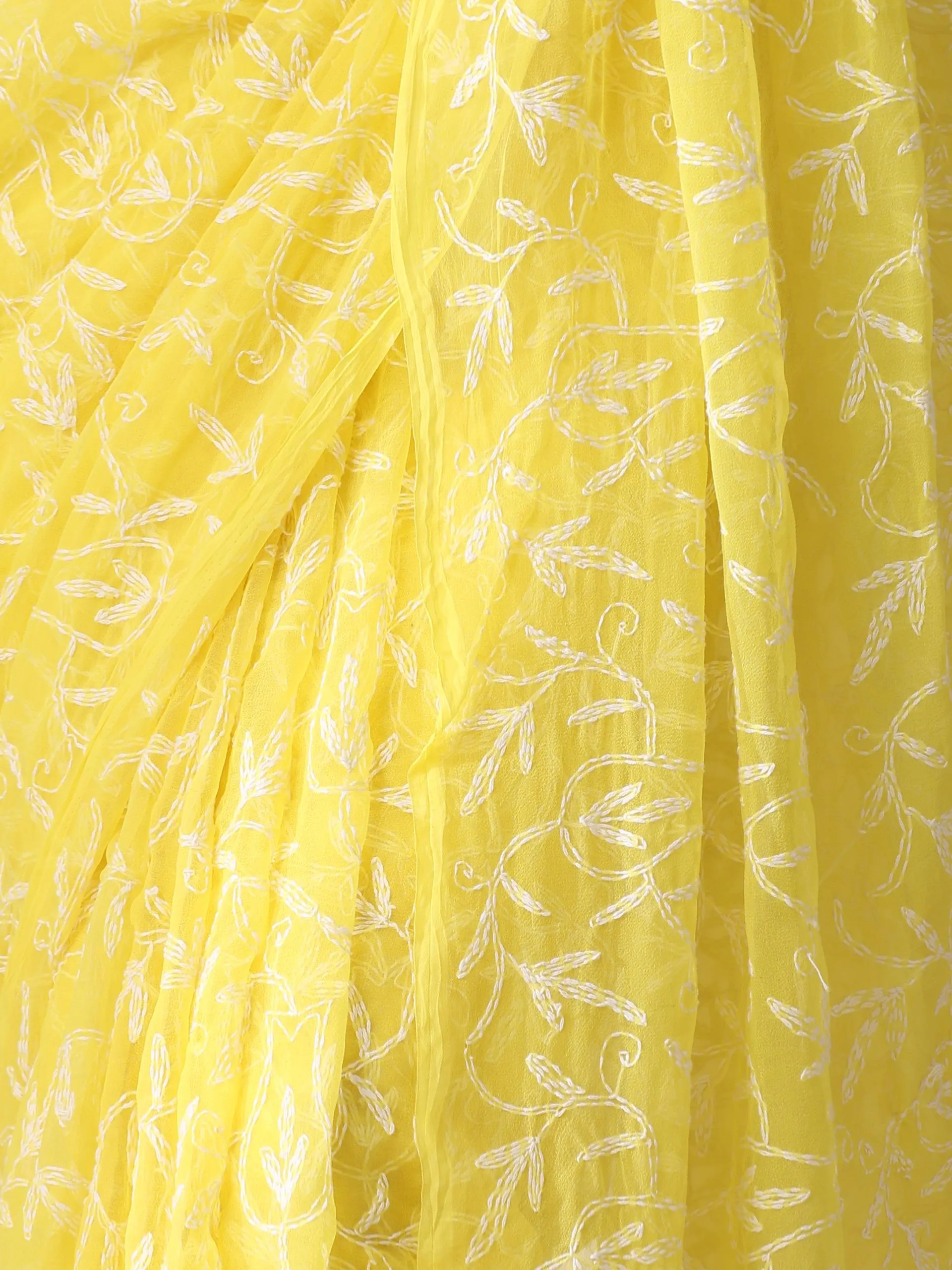 Yellow Tepchi Hand Chikankari Pure Georgette Saree with Blouse Fabric