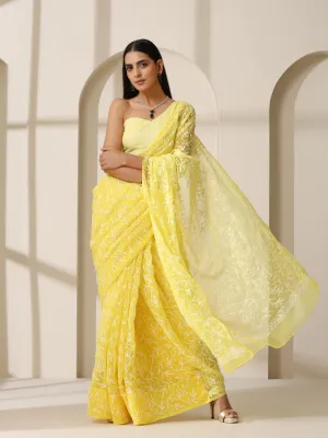 Yellow Tepchi Hand Chikankari Pure Georgette Saree with Blouse Fabric